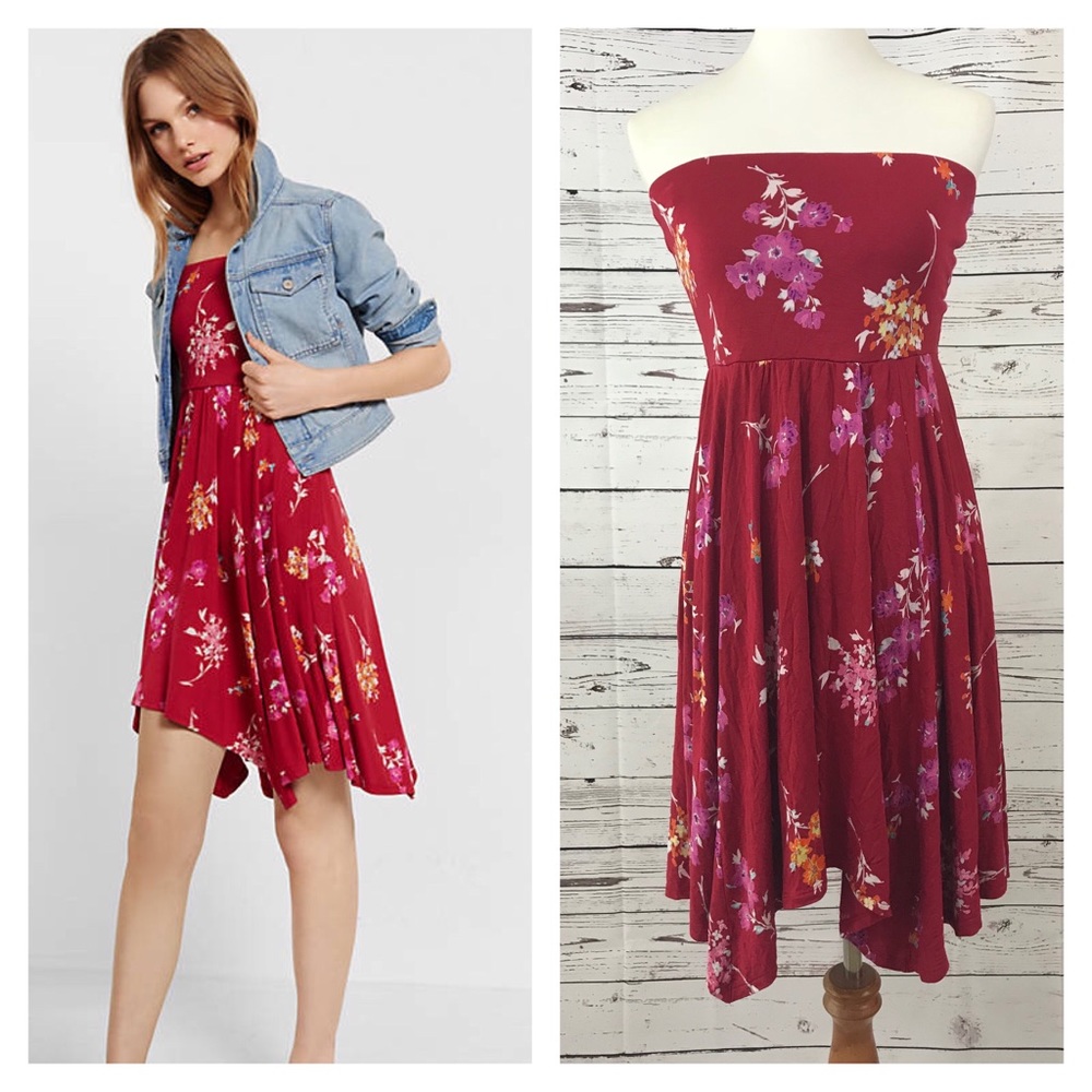 Express Floral Print Red Strapless Dress
